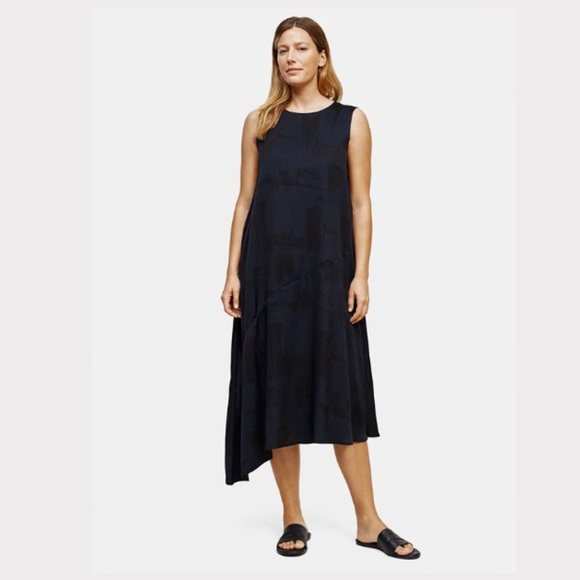 Eileen Fisher Silk Organic Cotton Brushstroke Loose Fit Dress Ink Size Large NWT - Picture 1 of 5